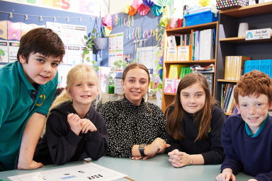 Photo of teacher with a group of smiling students